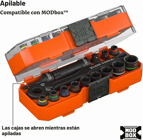 Vista 7 de Klein Tools 65400 KNECT Juego de 15 piezas de pasadores de enchufe, juego de enchufes de impacto SAE con estuche MODbox, enchufes, puntas
