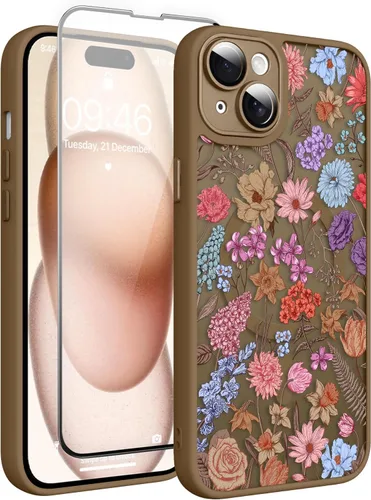 Vista 159 de Magnético para iPhone 13 con protector de pantalla [Compatible con MagSafe] Diseño de patrón floral de flores bonitas, funda delgada a prueba