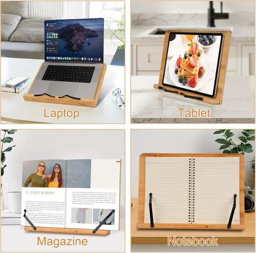 Vista 8 de MEGREZ Soporte de bambú para libros de 13.2 x 9.4 pulgadas, soporte plegable para libros de cocina con 6 alturas ajustables, soporte para libros