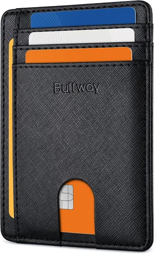 Vista 31 de Buffway - Carteras de cuero delgadas minimalistas con bolsillo frontal y bloqueo RFID para hombres y mujeres, negro (Alaska Black), Minimalista