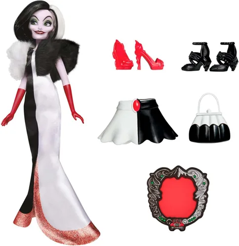 Vista 3 de Disney Muñeca de moda Princess Villains Cruella De Vil, accesorios y ropa extraíble, juguete de villanos de Disney para niños de 5 años en adelante