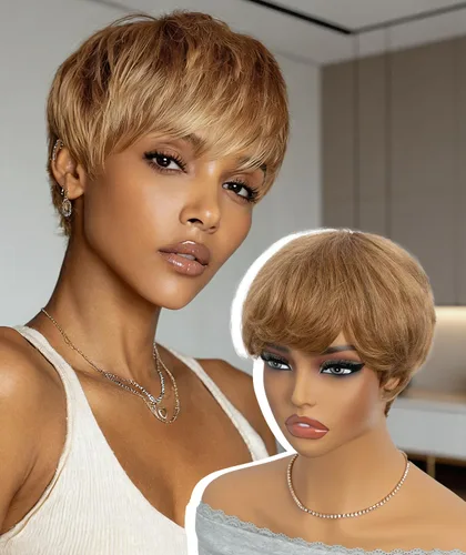 Vista 15 de QUEEN VIRGIN REMY QVR - Peluca de cabello humano con corte Pixie con flequillo, pelucas cortas para mujeres negras, cabello humano de diferentes
