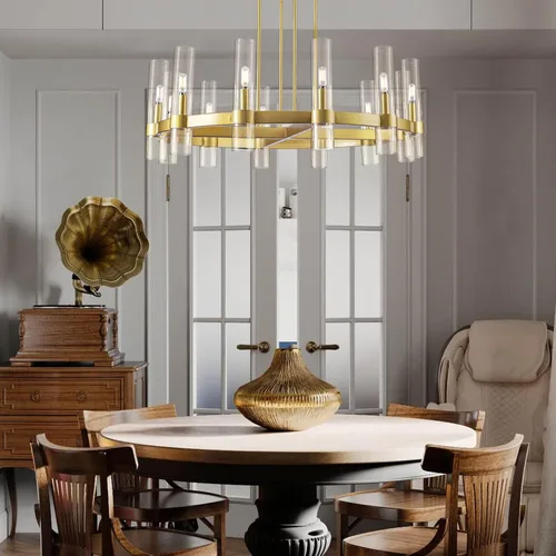 Vista 4 de Candelabro de 12 Luces de Latón Redondo 36" Candelabros de Rueda de Vagón de 91 cm para Fijo de Iluminación de Comedor Tubo de Vidrio Transparente
