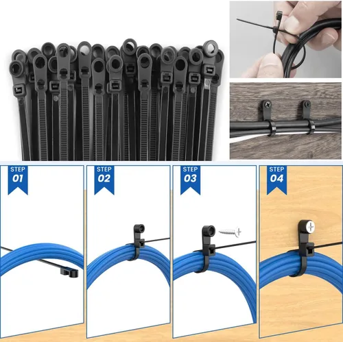 Vista 4 de Bridas de cremallera negras de 8 pulgadas con agujero de tornillo, bridas de cable resistentes para cables de 75 libras con cabeza montable