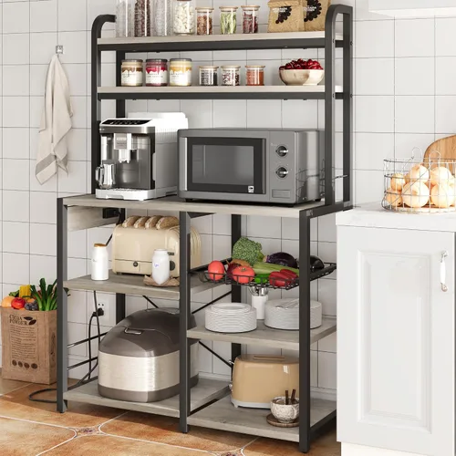 Vista 8 de Amyove Estante para panaderos con toma de corriente, barra de café con cajón de alambre, soporte para microondas, mesa de cocina con gran Negro