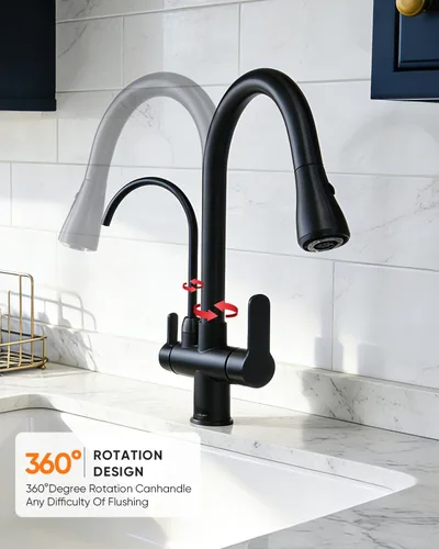 Vista 6 de WANFAN Grifo de fregadero de cocina con rociador extraíble 2 manijas 3 en 1 filtro de agua purificador grifos negro 0195R