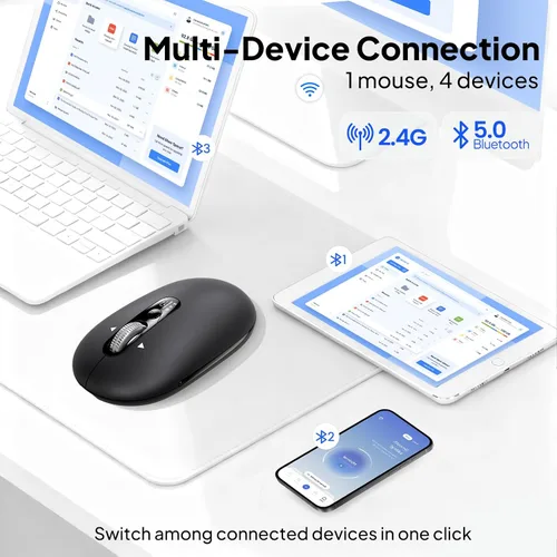 Vista 2 de Ratón Bluetooth inalámbrico, USB + BT × 2, Slim Pebble Multi Device Small Travel Ratones de viaje, Metal 4 Way Super Scrolling, ± 3000 DPI, 8