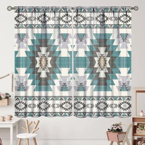 Vista 236 de Cortinas con patrón geométrico tribal, estilo suroeste, azteca, rústico, occidental, nativo americano, opacas, con bolsillo para barra, decoración