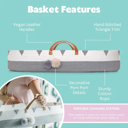 Vista 2 de Vesta Baby Cesta cambiadora de moisés de cuerda de algodón tejida, portátil, para cuarto de bebé, con almohadilla de espuma suave y 2 fundas