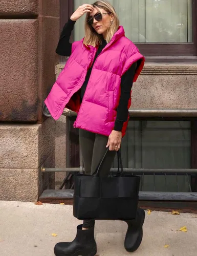 Vista 7 de APAFES Chaleco acolchado de invierno para mujer, ligero, cuello alto, manga corta, acolchado, con bolsillos