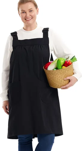 Vista 18 de Delantales sin lazos para mujer, talla grande, con bolsillos, de algodón, lino, para hornear, cocina, cocina