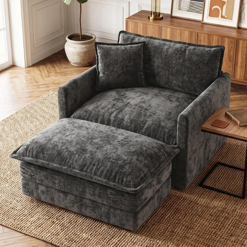 Vista 87 de Sofá individual modular de chenilla con otomana, sofá nube con almohada, color beige