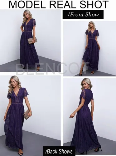 Vista 7 de Blencot - Vestido largo casual, bohemio, de noche, cuello en V, de encaje y estampado floral para mujeres, vestido largo para bodas, cóctel y fiesta