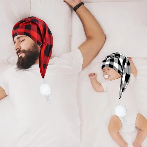 Vista 6 de Janmercy 2 gorros de dormir ajustables para hombre, gorro de dormir de búfalo a cuadros para adultos con bolas y borlas
