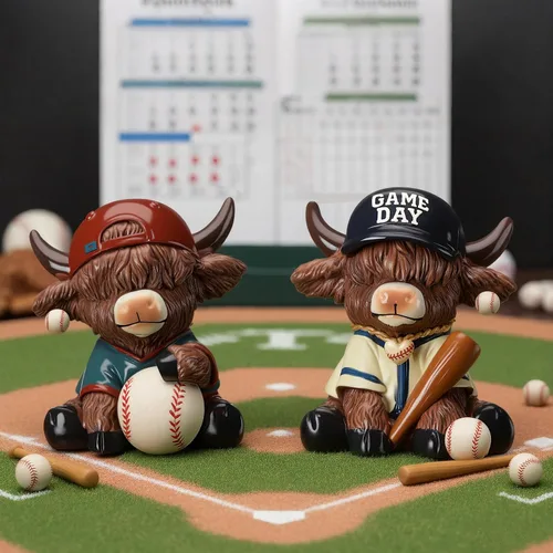Vista 2 de Wesiti 2 figuras de vaca de las tierras altas de béisbol, bonita estatua deportiva de resina con murciélago y pelota, regalos para fanáticos