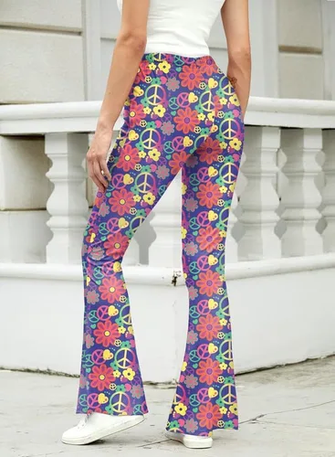 Vista 6 de For G and PL Pantalones de disfraz hippie para mujer, pantalones florales acampanados, cintura alta, pantalones de pierna ancha