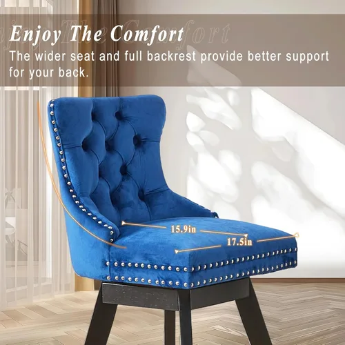 Vista 258 de SoarFlash Juego de 2 taburetes de bar tapizados de terciopelo moderno con patas de madera, botones acolchados, cabeza de clavo cromada, asiento