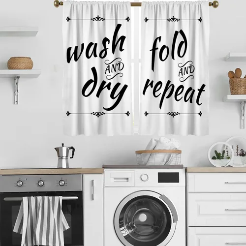 Vista 11 de zokyer Cortinas de cocina en blanco y negro con frases de lavado con palabras impresas en seco, divertidas, simples, pequeñas, cortas, 27.5 pulgadas