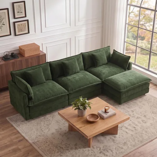 Vista 110 de SoarFlash Comfy - Sofá individual modular de chenilla con otomana, color beige Conjuntos de sofás modulares de montaje aleatorio, moderno sofá