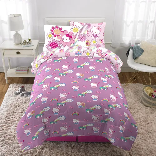 Vista 6 de Franco - Juego de edredón y sábanas supersuaves con funda para niños, 5 piezas, tamaño individual, Hello Kitty
