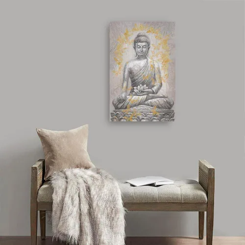 Vista 8 de Yidepot Lienzo decorativo de Buda para pared, lámina dorada: estatua zen con textura de flor de loto para budismo, decoración de pared, carteles