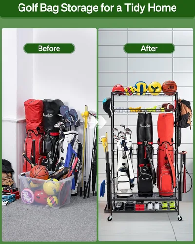 Vista 11 de FHXZH Golf Bags Storage Garage Organizer - Stand for Single Golf Bags, Clubs, and Equipment Accessories with Wheels
