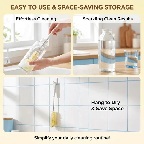 Vista 7 de Cepillo de limpieza largo para botellas de agua, diseño de cerdas flexibles con gancho y mango cómodo, cepillo de lavado de botellas para botella