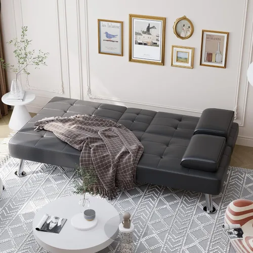 Vista 3 de Shahoo - Sofá cama convertible tipo futón plegable para sala de estar, sofá cama con respaldo tapizado de cuero sintético, sillón con reposabrazos