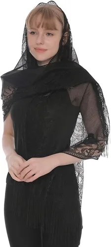 Vista 2 de Yeieeo Velo rectangular capilla encaje floral masa cabeza cubrir velos, Negro