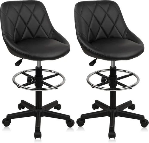Vista 13 de KLASIKA Taburete con ruedas de respaldo bajo negro, taburetes de tocador de cuero PU, altura ajustable ergonómica giratoria giratoria silla