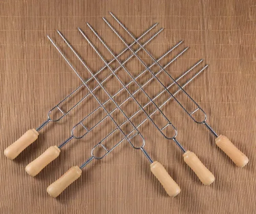 Vista 5 de IMEEA Brochetas de acero inoxidable de doble punta de 15.3 pulgadas para asar brochetas de barbacoa con mango de madera, tenedores reutilizables