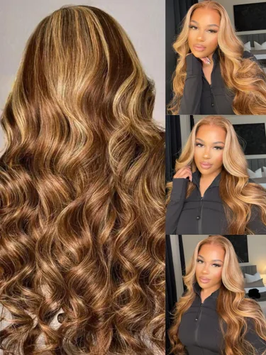 Vista 18 de Julia Hair Peluca de cabello humano ondulado degradado 12A con reflejos en V, parte en U, sombra y raíz, balayage, sin pegamento, cabello virgen