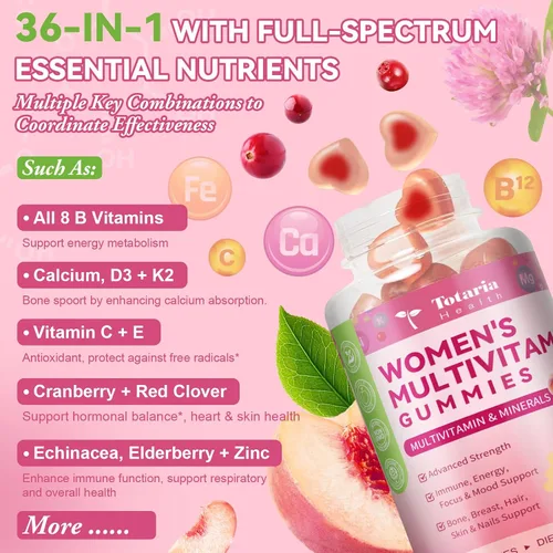 Vista 5 de Totaria Gomitas multivitamínicas sin azúcar para mujeres mayores de 14 años con hierro, inositol, folato, biotina, gomitas multivitamínicas diarias