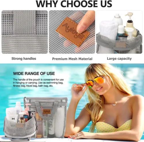 Vista 3 de Hommtina 2 bolsas de malla de ducha de secado rápido para colgar artículos de tocador y baño organizador para viajes y natación con cremallera