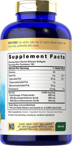 Vista 2 de Suplementos de aceite de pescado con Omega 3 Carlyle 2000 mg 320 cápsulas de gel EPA y DHA 600 mg de Omega-3 total Píldoras sin OGM, sin