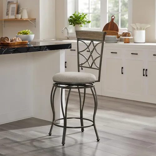 Vista 4 de Linon Curves - Taburete giratorio de metal de peltre de 25 pulgadas con asiento tapizado beige