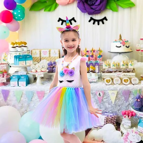 Vista 3 de GC Disfraz de unicornio para niñas vestido de tutú de arco iris con diadema atuendo de princesa para fiesta de cumpleaños Arcoiris Rainbow
