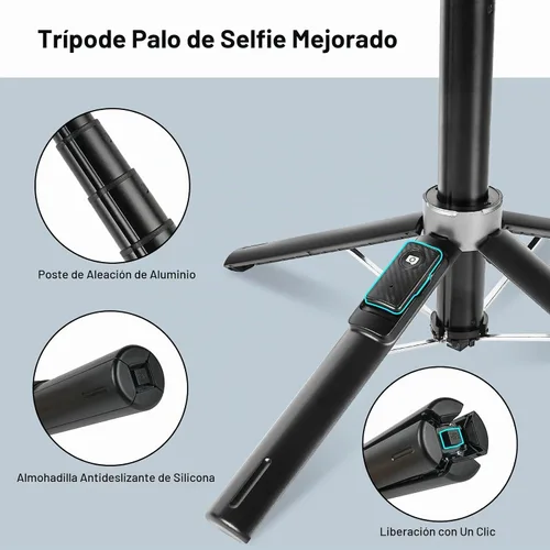 Vista 6 de WOVTE Trípode magnético para selfie stick con 2 luces LED, trípode de 52 pulgadas para iPhone con control remoto recargable, palo selfie portátil