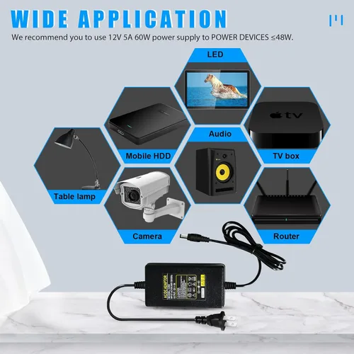 Vista 2 de YM E-Bright 12V 5A Fuente de alimentación DC/AC Adaptador de corriente Convertidor 5 Amp Transformador 100V -240V AC a 12V DC para luz de tira LED