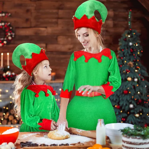 Vista 6 de Girls Women Christmas Elf Costume Set Santa's Helper Costume Xmas Festive Outfit with Elf Hat Shoes Belt Striped Stockings