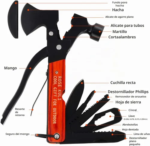 Vista 2 de Camping Multitool Axe Hammer, 18 in 1 Multitool Hatchet Herramientas de camping multiherramienta, accesorios para sierra, destornilladores, alicates