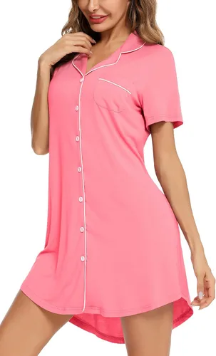 Vista 7 de Samring Camisón de pijama para mujer, manga corta/larga, con botones, camisón para dormir, camisón para novio, talla XXL