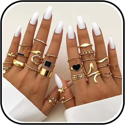 Vista 6 de Anillos Apilables de Oro para Mujeres Rellenos de Medias Navideñas para Adolescentes Conjunto de Anillos de Hoja de Perla Circonita Cúbica Corazón A