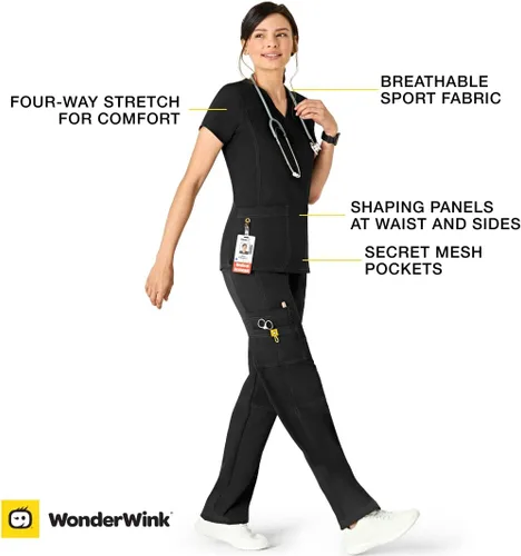 Vista 4 de WonderWink cuatro playeras para ambo deportivas, elastizadas, con escote en V para mujer