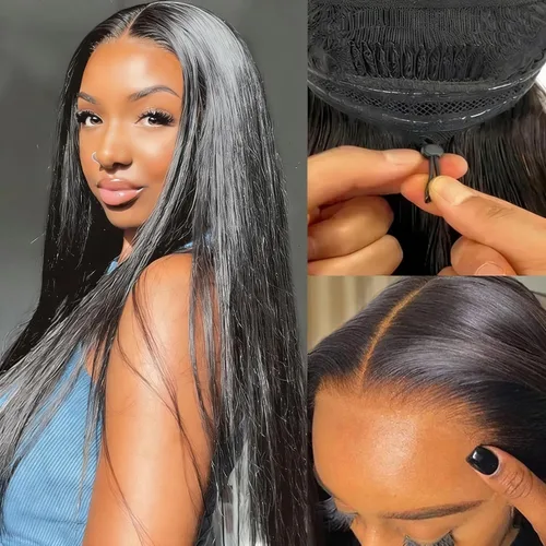 Vista 8 de Mengkai Pelucas de 28 pulgadas de encaje frontal liso de cabello humano, sin pegamento, prearrancadas con cabello de bebé, 13x4 de oreja a oreja