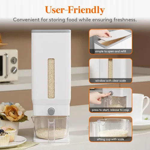Vista 4 de Lifewit Contenedor de arroz de 25.4 libras, dispensador de arroz con taza medidora y organizador de herramientas para el cabello, soporte