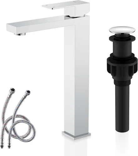Vista 15 de KENES Grifo de lavabo de baño de una sola manija, grifos de baño negros y dorados de un solo orificio, grifo de tocador con desagüe emergente