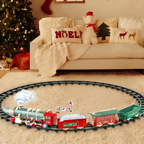 Vista 8 de Juego de tren eléctrico para niños de 4 a 8 años con vapor real, luces y sonidos, juego completo de tren de juguete con autos y pistas, fácil