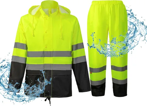 Vista 9 de ProtectX Ropa de lluvia impermeable de alta visibilidad para hombres y mujeres, chaqueta reflectante de seguridad y pantalón de alta visibilidad