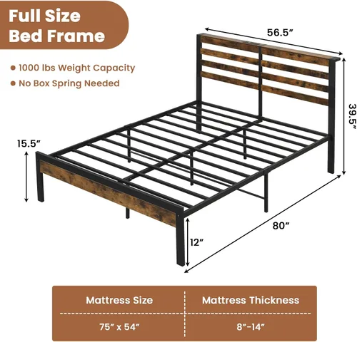 Vista 2 de Giantex Base de cama de metal con estación de carga, plataforma industrial con cabecera de almacenamiento, base de colchón resistente, fácil